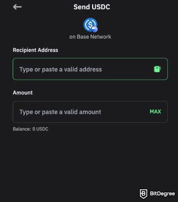 How to withdraw money from Trust Wallet: Trust Wallet asking you to enter the recipient address and the amount you want to send.
