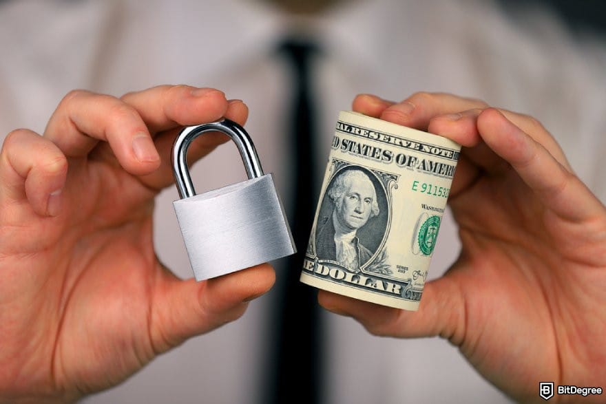 How to withdraw money from Webull: a person holding 1 USD bills and a padlock.
