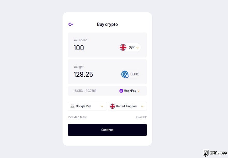 How to withdraw money from Webull: the buy crypto page with the amount and payment options.