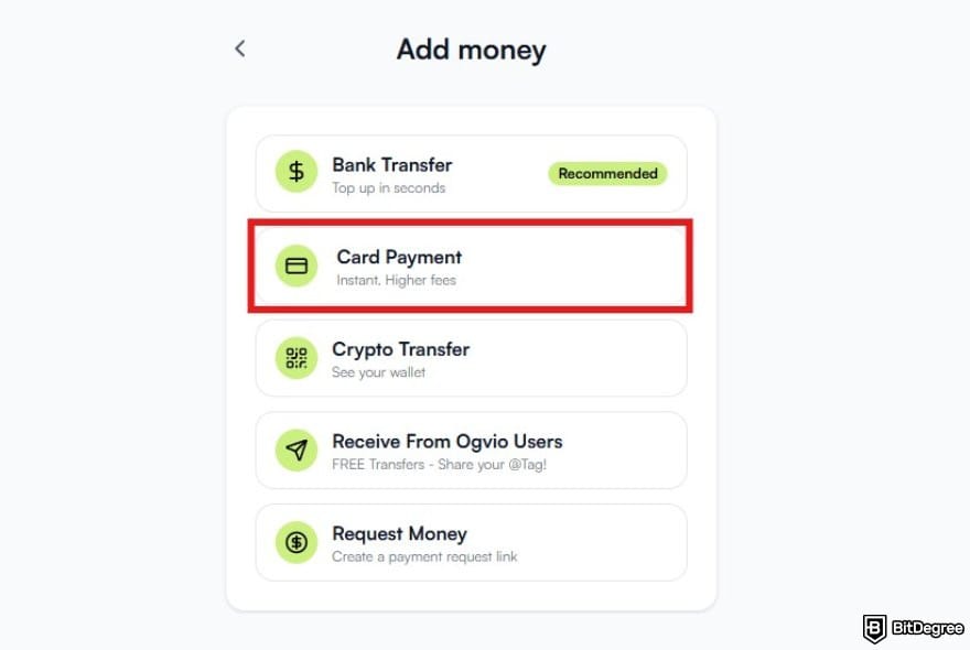 How to withdraw money from Webull: a list of available top up options on Ogvio with the card payment option highlighted.