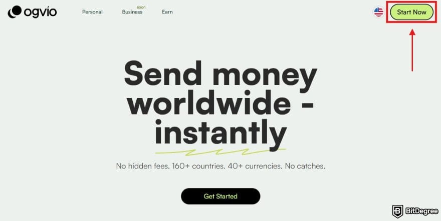 How to withdraw money from Webull: Ogvio homepage with the Start Now button highlighted.