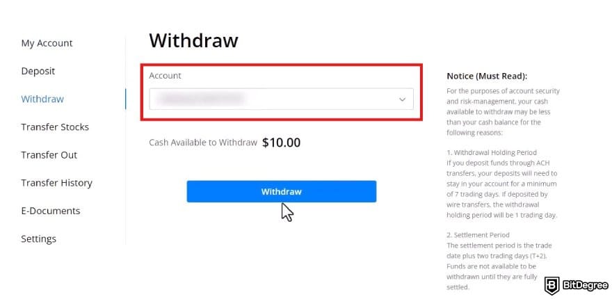 How to withdraw money from Webull: the withdrawal page on Webull with the account tab highlighted.