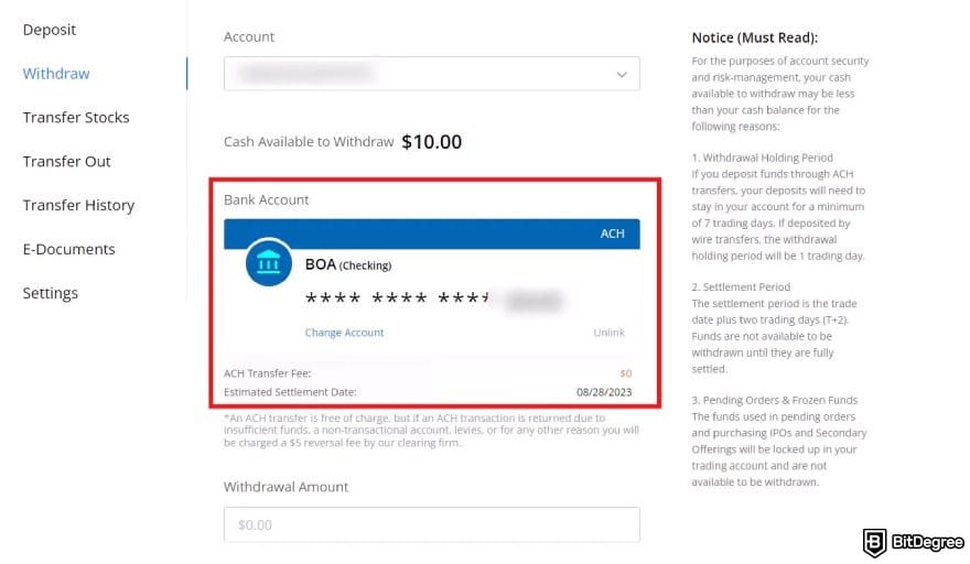 How to withdraw money from Webull: Webull's withdrawal page with the Bank account tab highlighted.