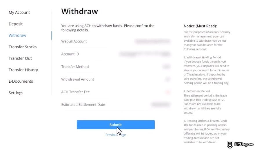 How to withdraw money from Webull: the review page for ACH withdrawal on Webull.