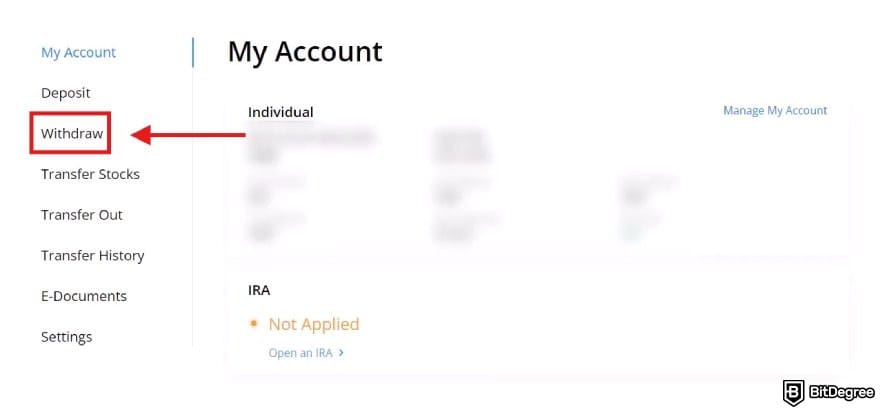 How to withdraw money from Webull: Webull's main dashboard with the withdraw menu highlighted.