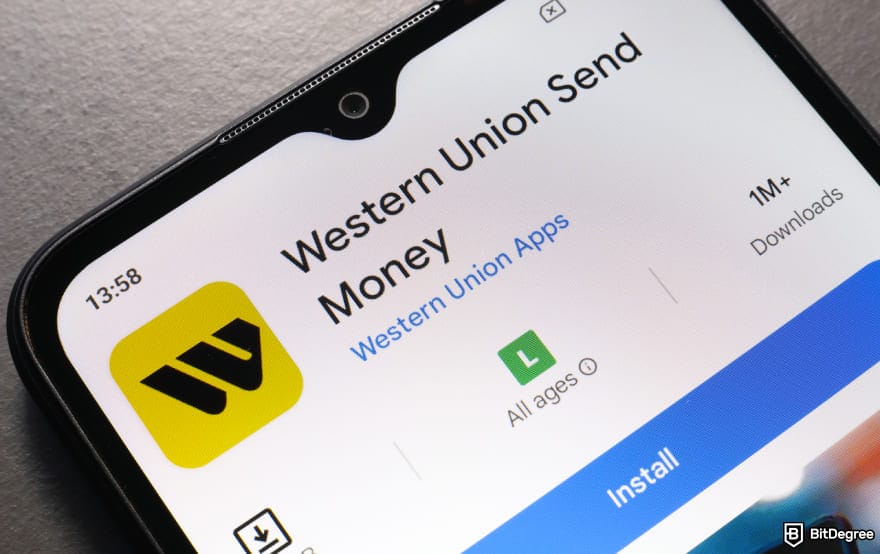 How to withdraw money from Western Union: Western Union app install page shown on a mobile phone.