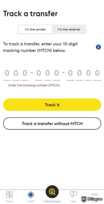 How to withdraw money from Western Union: Western Union app track a transfer page.