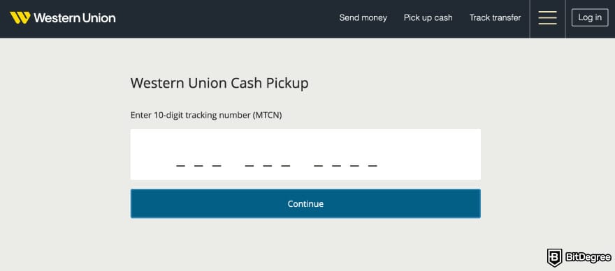 How to withdraw money from Western Union: Western Union cash pickup page.