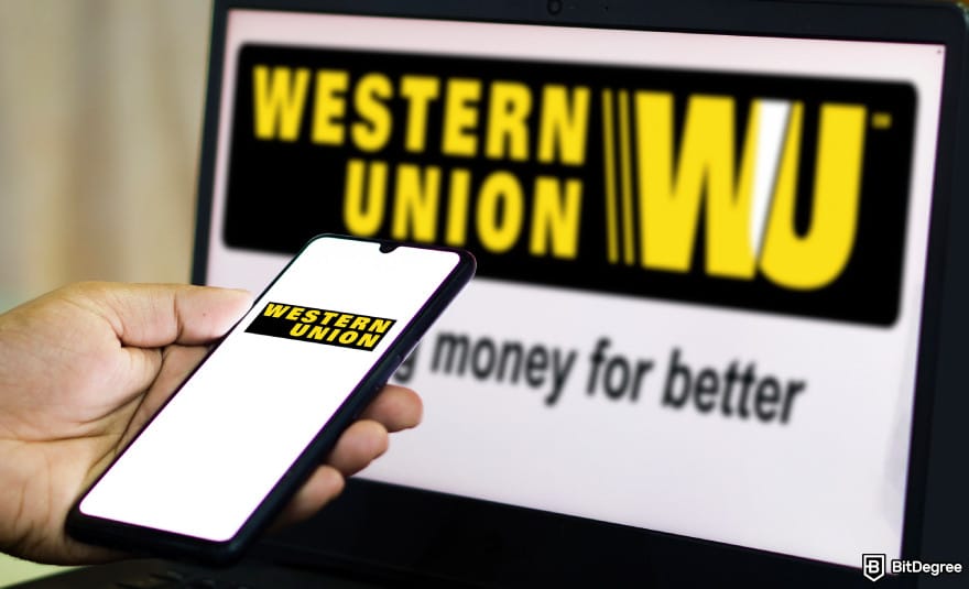 How to withdraw money from Western Union: Western Union logos on computer screen and mobile phone.