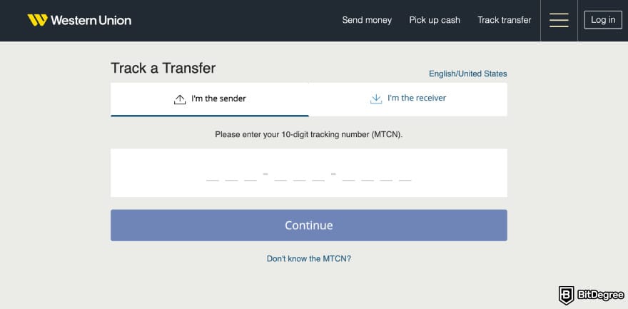 How to withdraw money from Western Union: Western Union MTCN page.