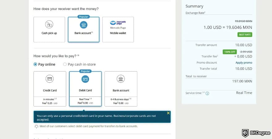 How to withdraw money from Western Union: Western Union transfer money process highlighting the bank account option.