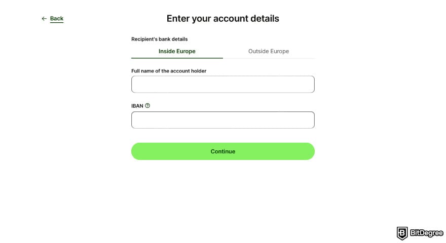 How to withdraw money from Wise to bank account: enter your bank details and click [Continue].
