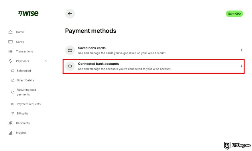 How to withdraw money from Wise to bank account: click [Connected bank accounts].