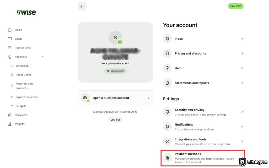 How to withdraw money from Wise to bank account: click [Payment methods].