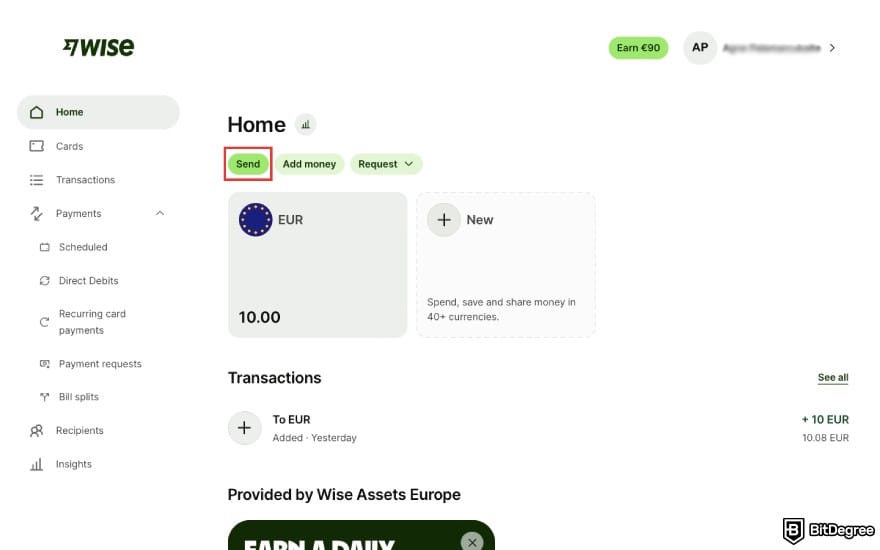 How to withdraw money from Wise to bank account: click [Send].