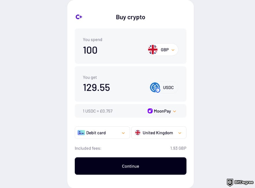 How to transfer money from Wisely card: buying USDC to top up Ogvio account via a card payment.