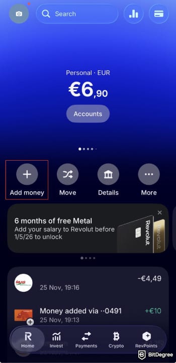 How to transfer money from Wisely card: click [Add money] on Revolut.
