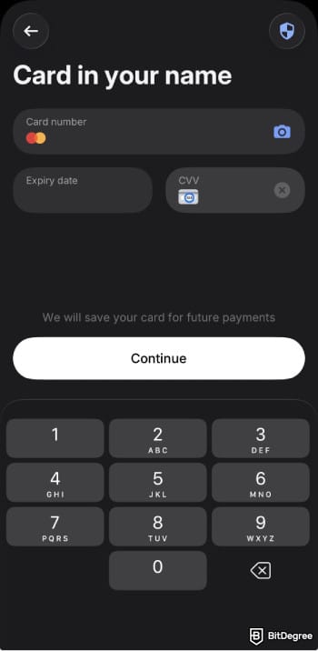 How to transfer money from Wisely card: enter the card details on Revolut and click [Continue].