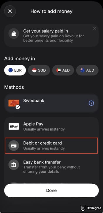 How to transfer money from Wisely card: choose [Debit or credit card] on Revolut.
