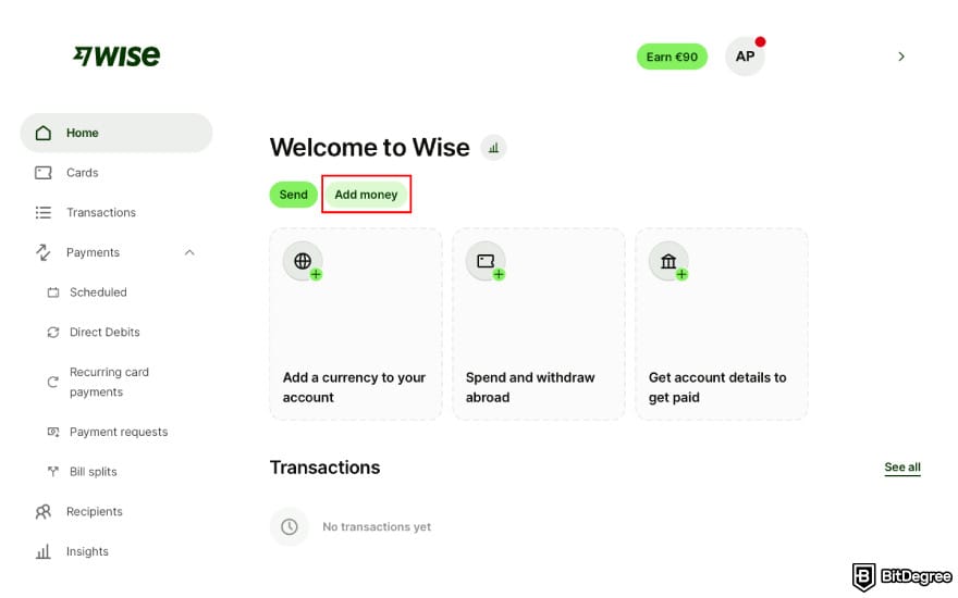 How to transfer money from Wisely card: click [Add money] on Wise.