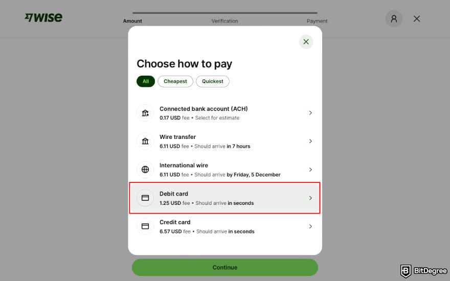 How to transfer money from Wisely card: choose [Debit card] as your deposit method on Wise.
