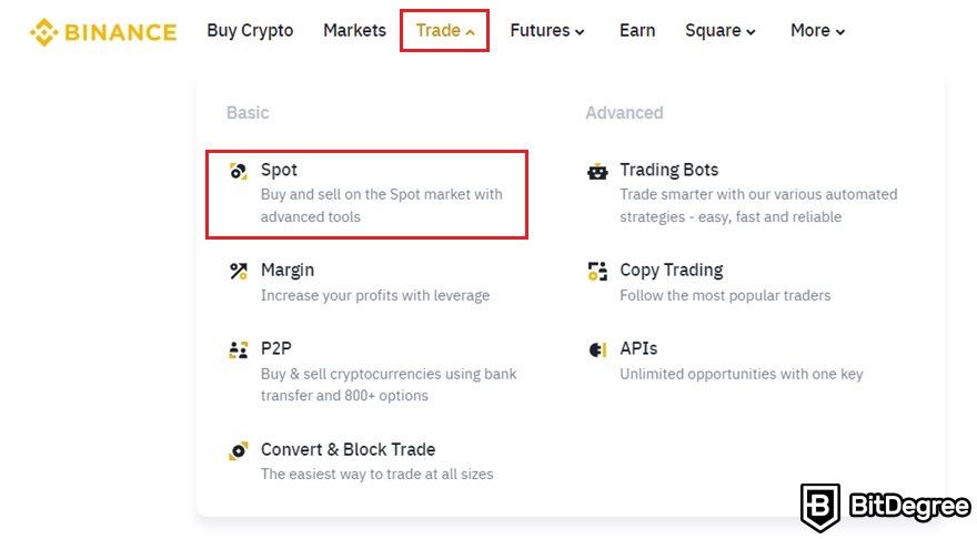 How to withdraw USDT to bank account: the spot menu highlighted.