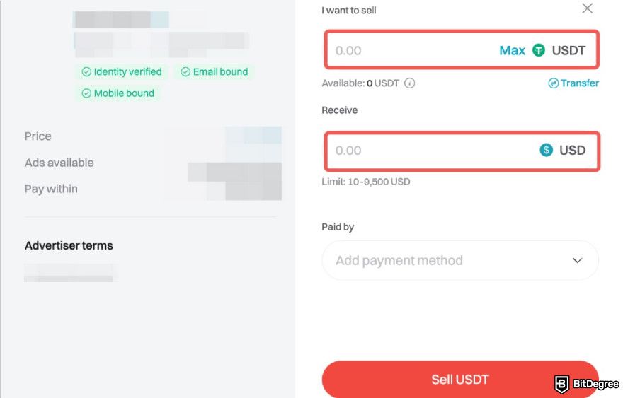 How to withdraw USDT to bank account: selling USDT on Bitget.