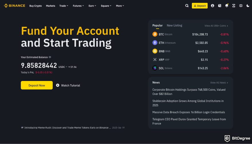 HTX fees: a screenshot of Binance's landing page.