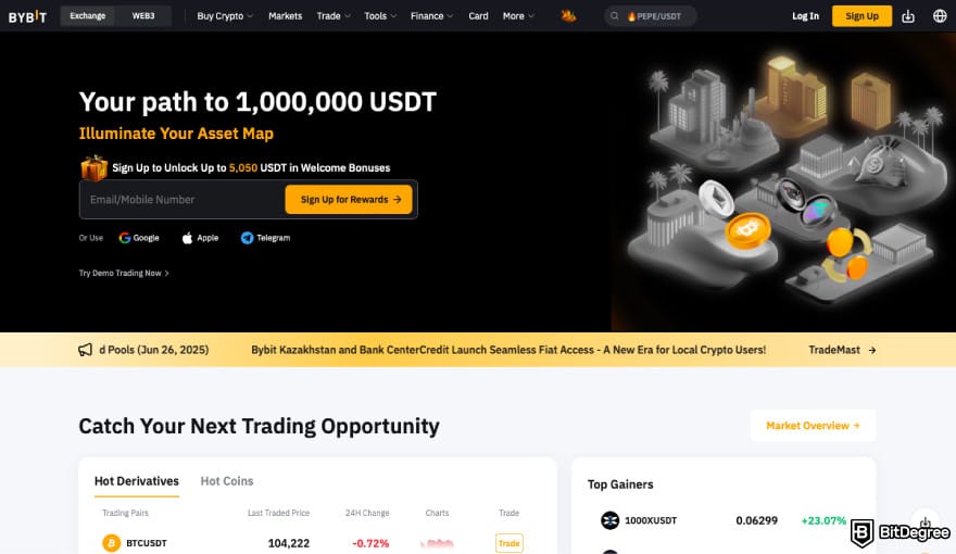 HTX fees: a screenshot of Bybit's landing page.