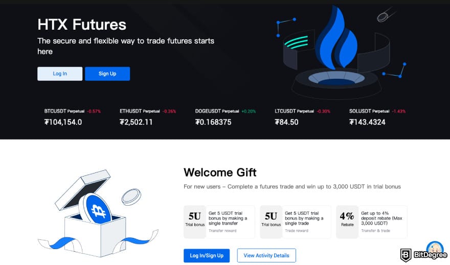 HTX fees: a screenshot of HTX's futures trading description.