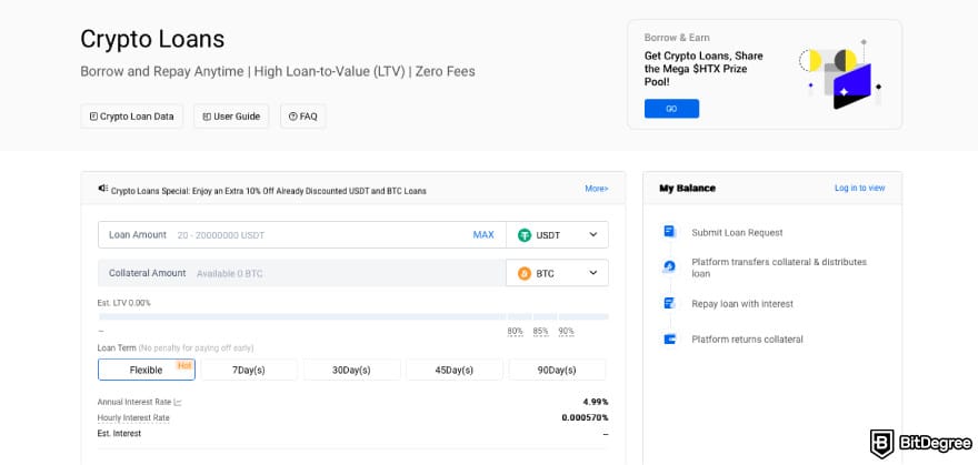 HTX fees: a screenshot of HTX's crypto loans.