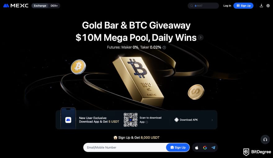 HTX fees: a screenshot of MEXC's landing page.