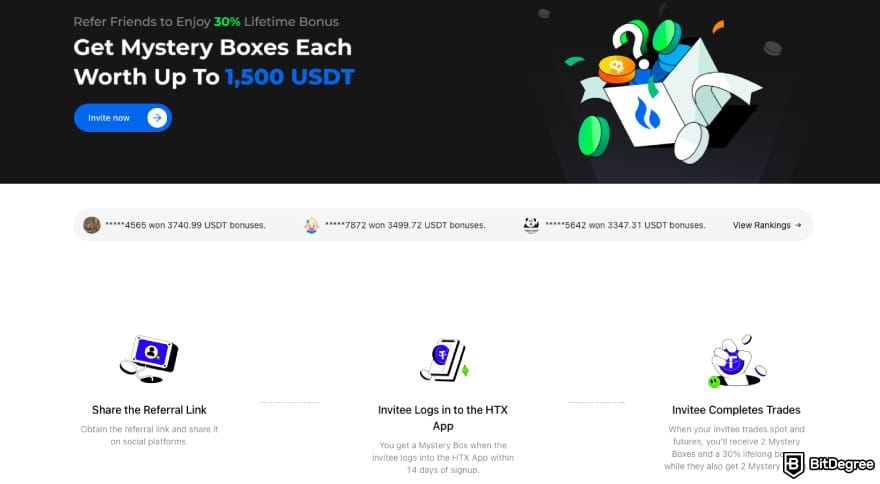 HTX fees: a screenshot of HTX's referral program.