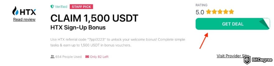 HTX referral code: a red arrow pointing to the [GET DEAL] button on BitDegree's page.