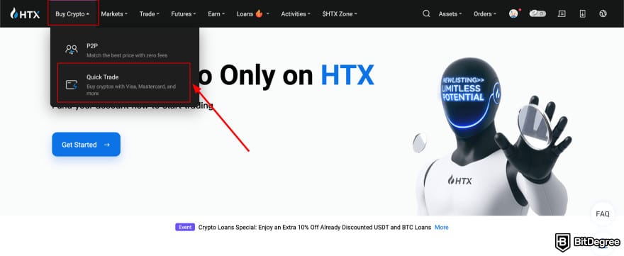 Huobi exchange review: click the [Quick Trade] button on the "Buy Crypto" field.