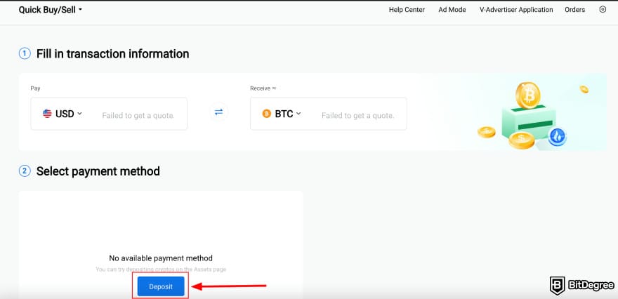 Huobi exchange review: deposit funds into your account to complete a purchase.
