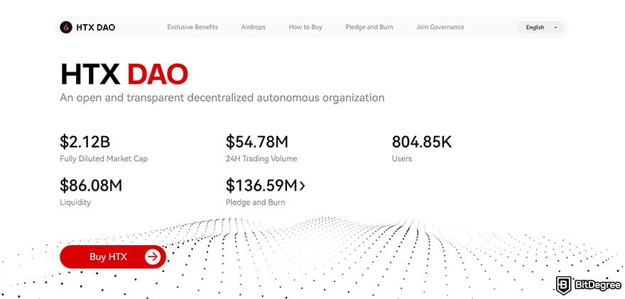 Huobi exchange review: HTX DAO website mainpage.