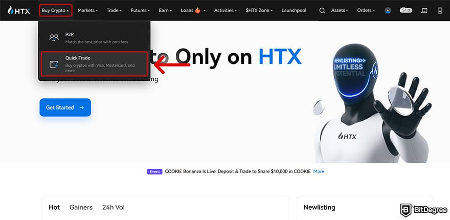 Huobi exchange review: click the [Quick Trade] button on the "Buy Crypto" field.