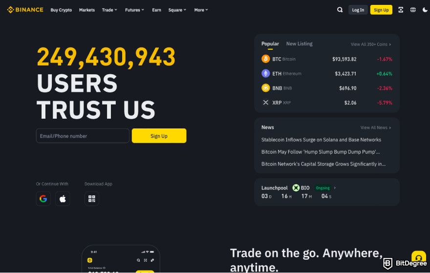 Hyperliquid review: a screenshot of Binance landing page.