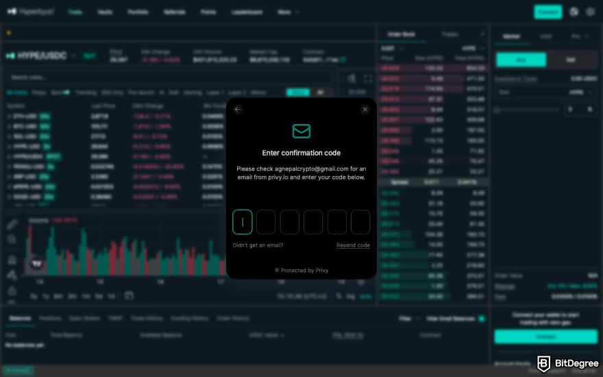 Hyperliquid review: a screenshot of Hyperliquid's email confirmation code.