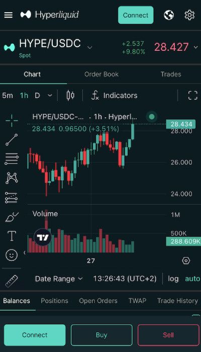 Hyperliquid review: a screenshot of Hyperliquid's mobile interface.