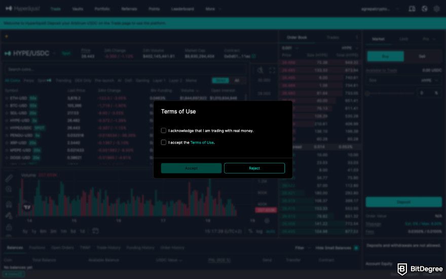 Hyperliquid review: a screenshot of Hyperliquid's terms of use box.