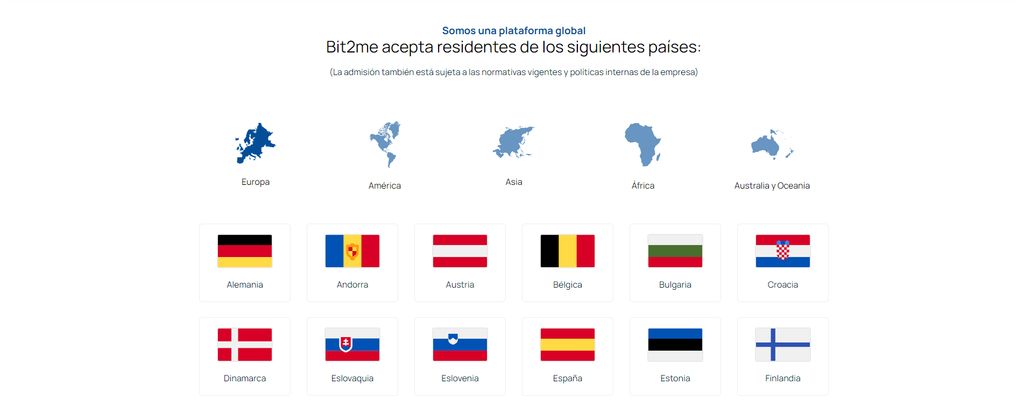 Bit2Me Opiniones: Países Admitidos.