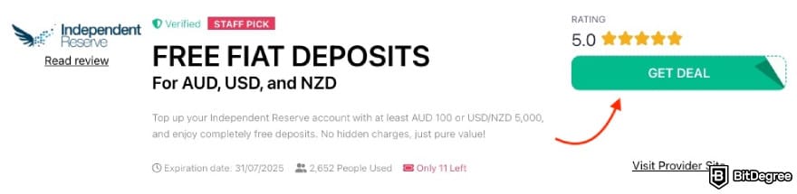 Independent Reserve referral code: a red arrow pointing to the [GET DEAL] button on BitDegree's page.