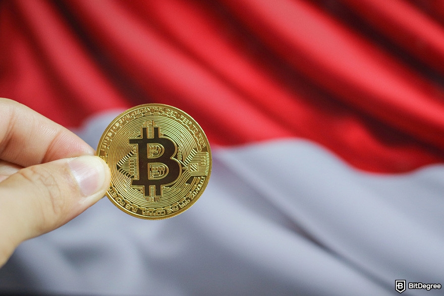 Indodax review: a hand holding a BTC coin in front of an Indonesian flag.