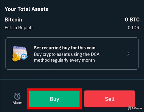 Indodax review: the BTC page on Indodax Mobile app with the Buy button highlighted.