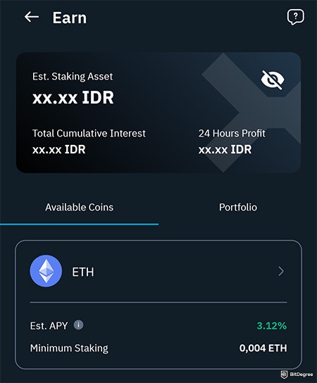 Indodax review: the Earn page on the Indodax Mobile app.