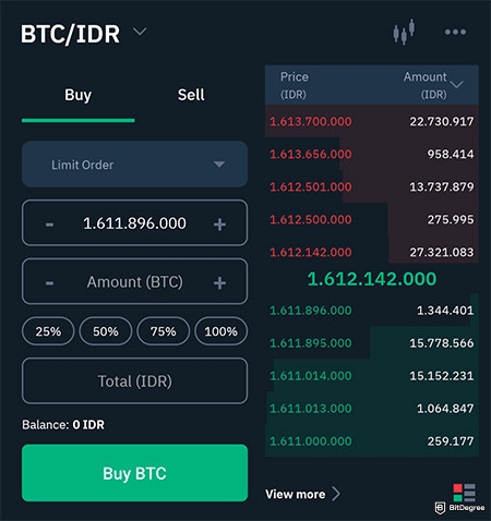 Indodax review: the spot trading interface on the Indodax Mobile app.