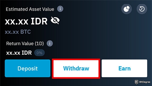 Indodax review: a portion of the Wallet page on Indodax Mobile app with the Withdraw button highlighted.