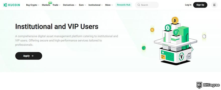 Лучшие институциональные криптобиржи: страница KuCoin Institutional и VIP
